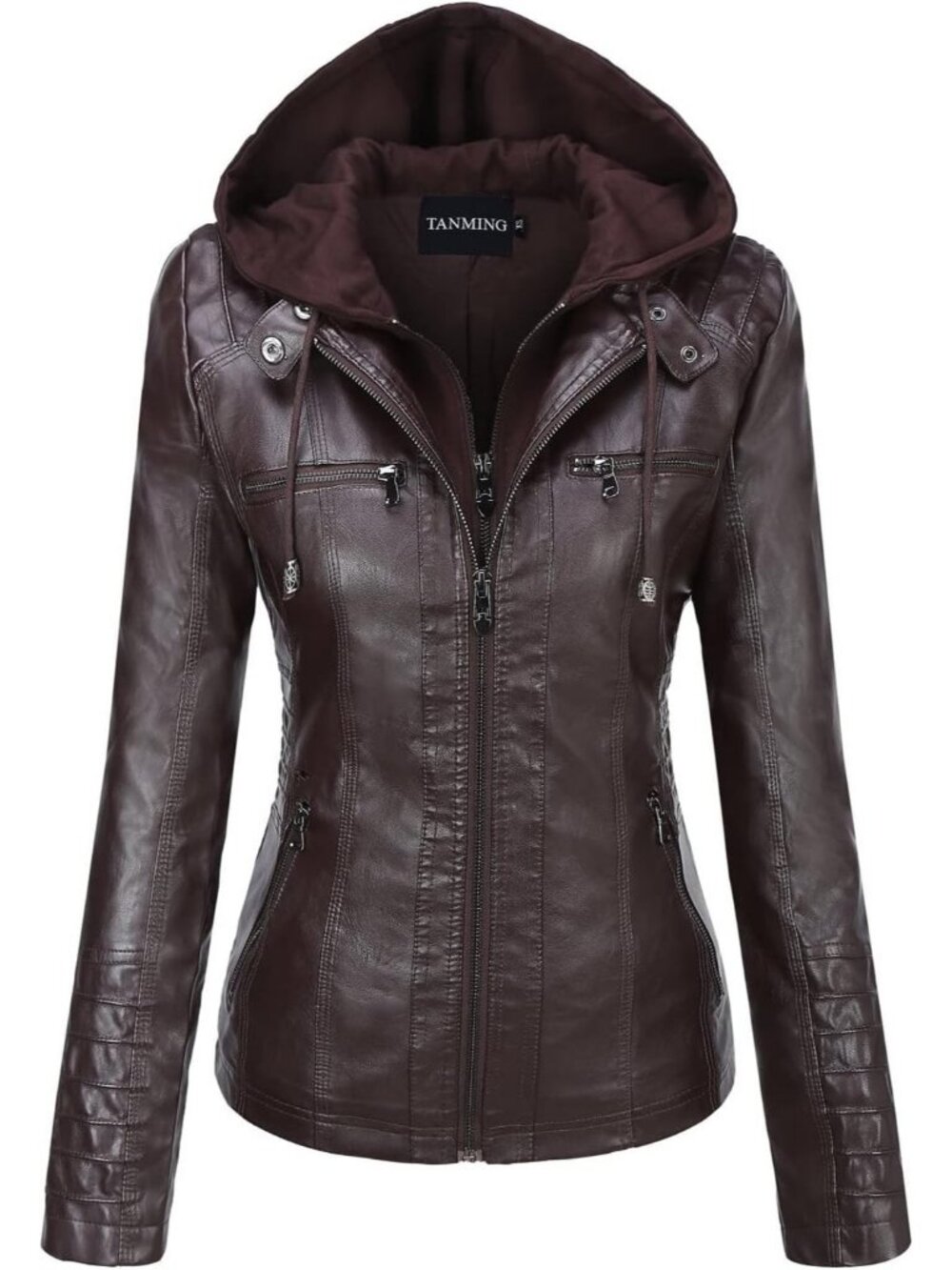 Women's Dark Coffee Faux Leather Jacket Hooded Moto Biker Fashion Winter Coats